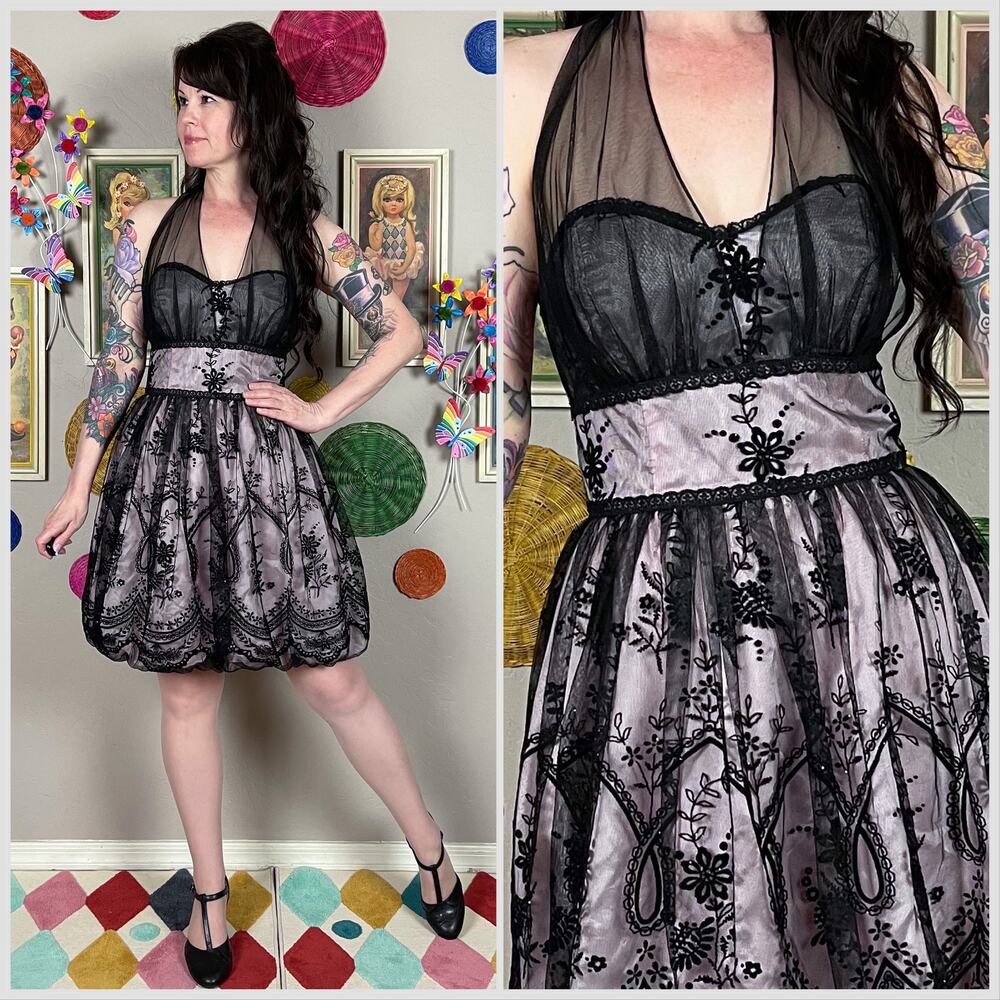 Vintage Y2K Black and Pink Flocked Velvet Bubble Hem Tulle Halter Minidress